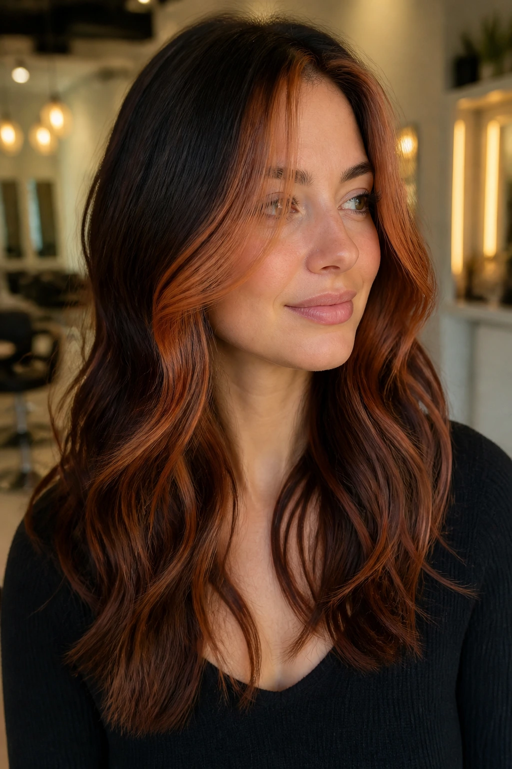 Close-up of auburn money piece highlighting face-framing copper pieces on brunette hair