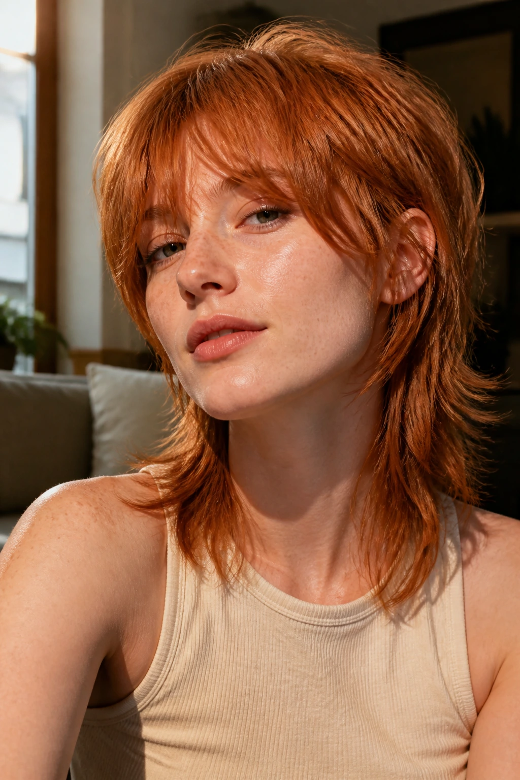 Close-up of auburn mullet with curtain bangs and feathered back layers in copper tones