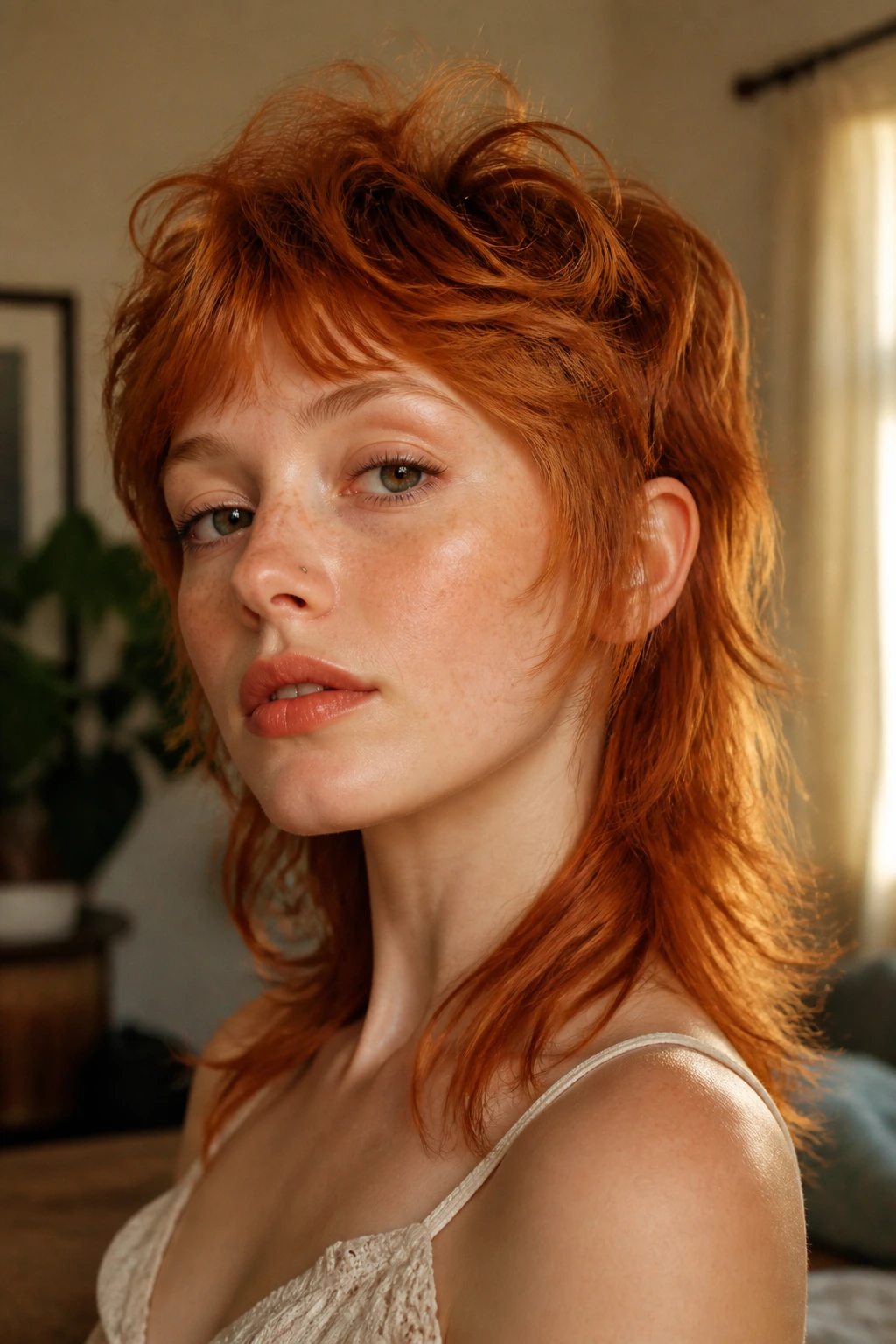 Close-up portrait of a real person with an auburn mullet and copper near the face for fair skin.