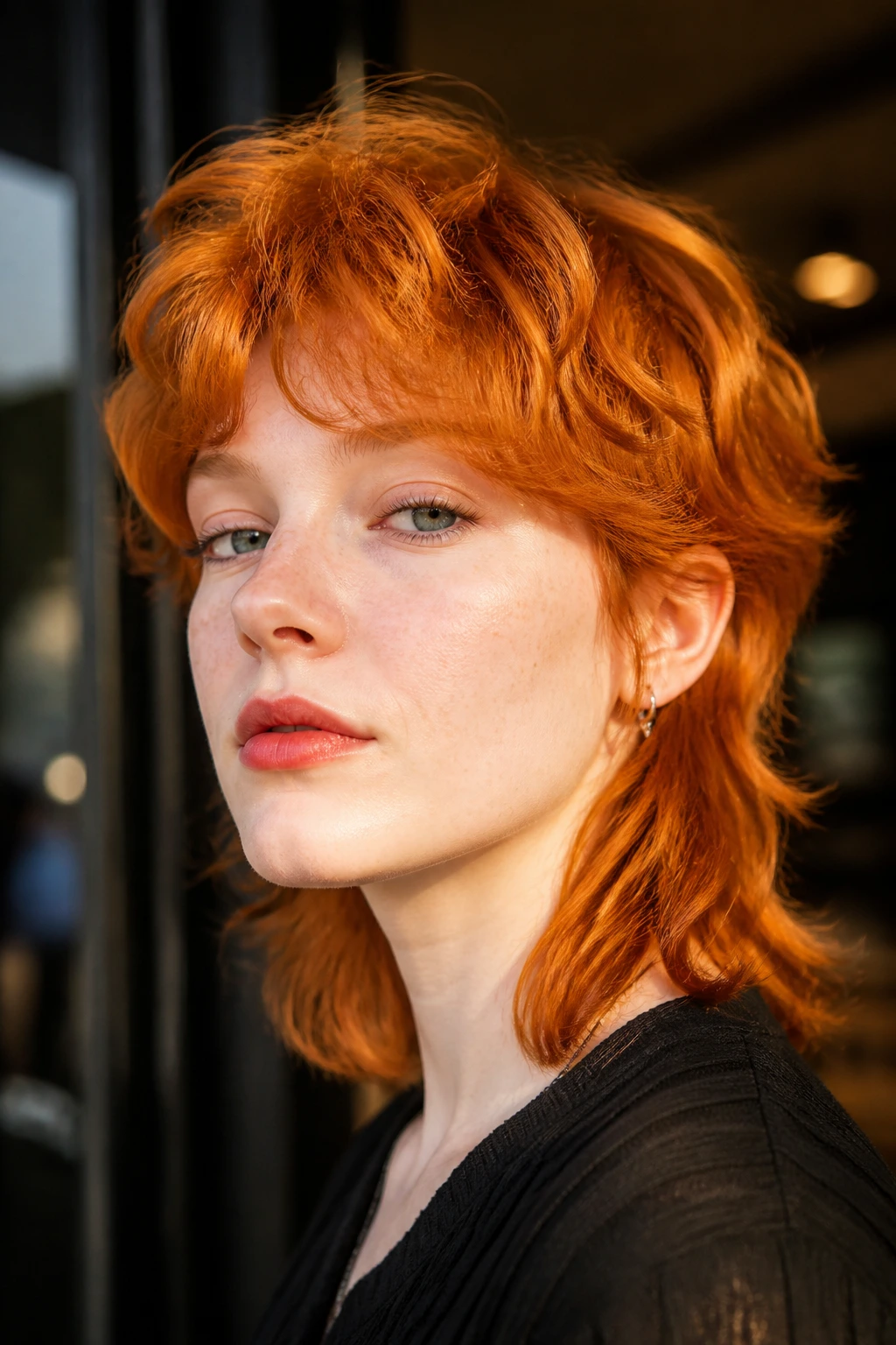 Close-up portrait of a real person with fair skin and auburn mullet showcasing copper tones.