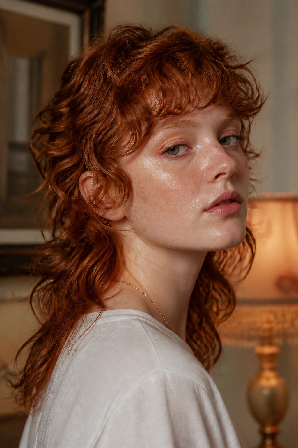 Close-up of a real person with an auburn mullet and perm waves.