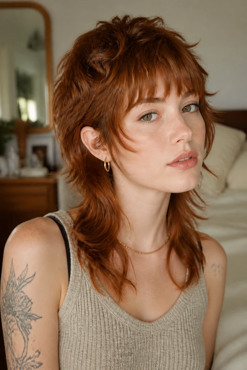 Close-up portrait of a real person with auburn mullet featuring face-framing pieces in warm bedroom light
