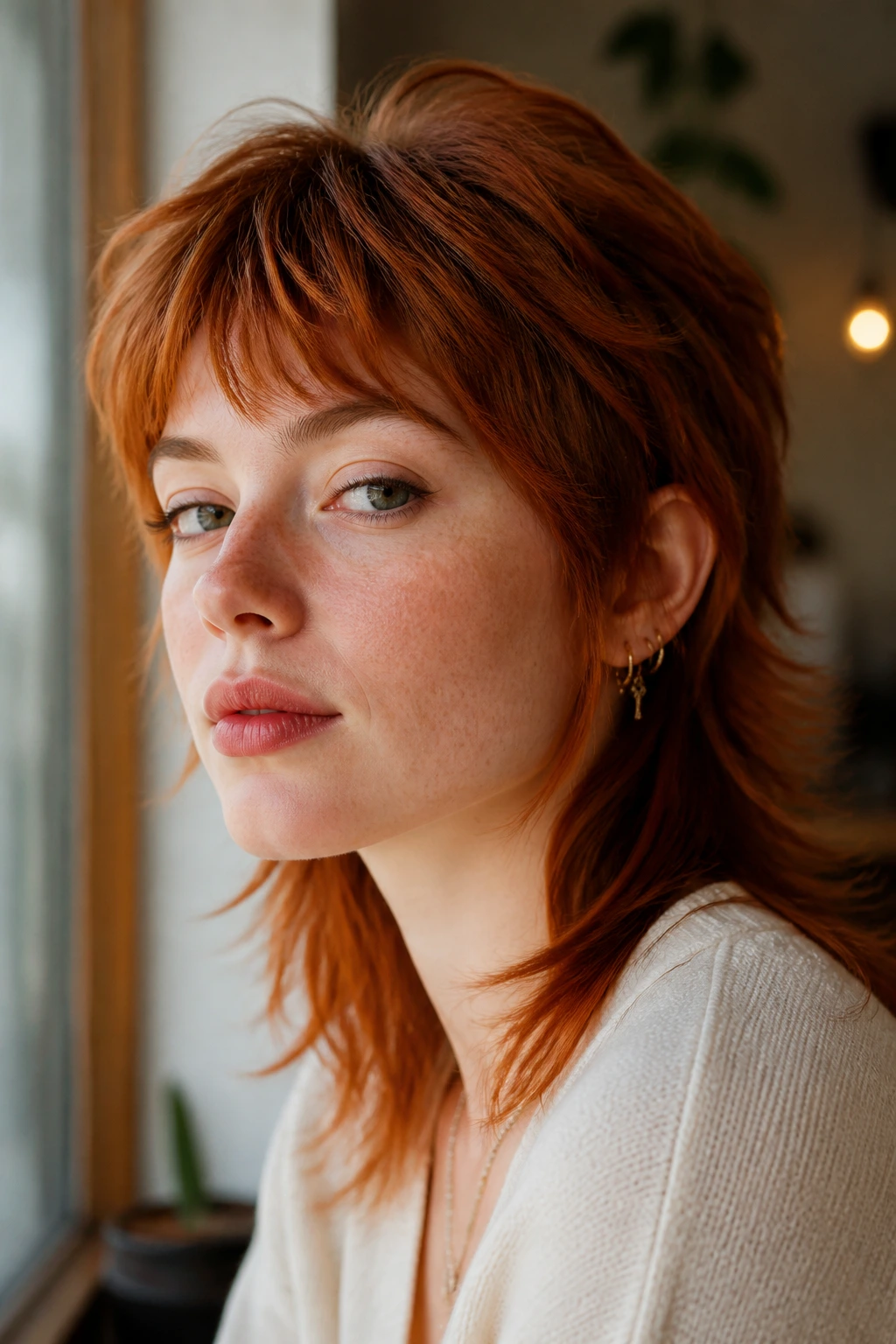Close-up of a real person with an auburn mullet, edge-cut silhouette and warm facial framing in natural window light