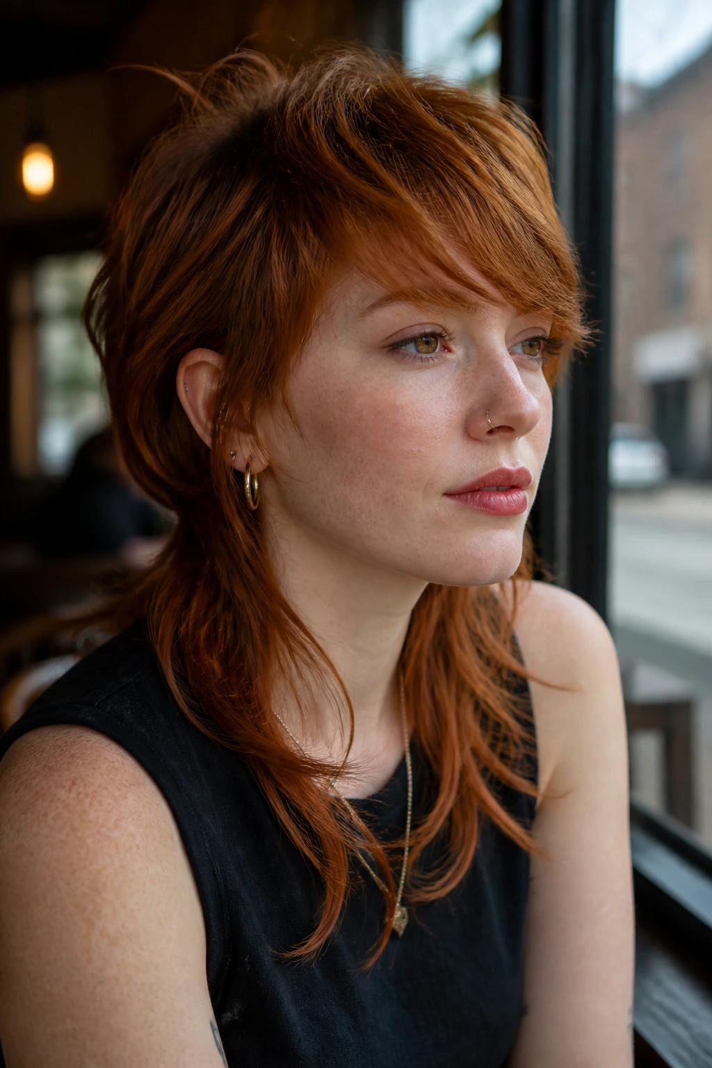 Close-up portrait of a real person with side-swept auburn mullet at a cafe window
