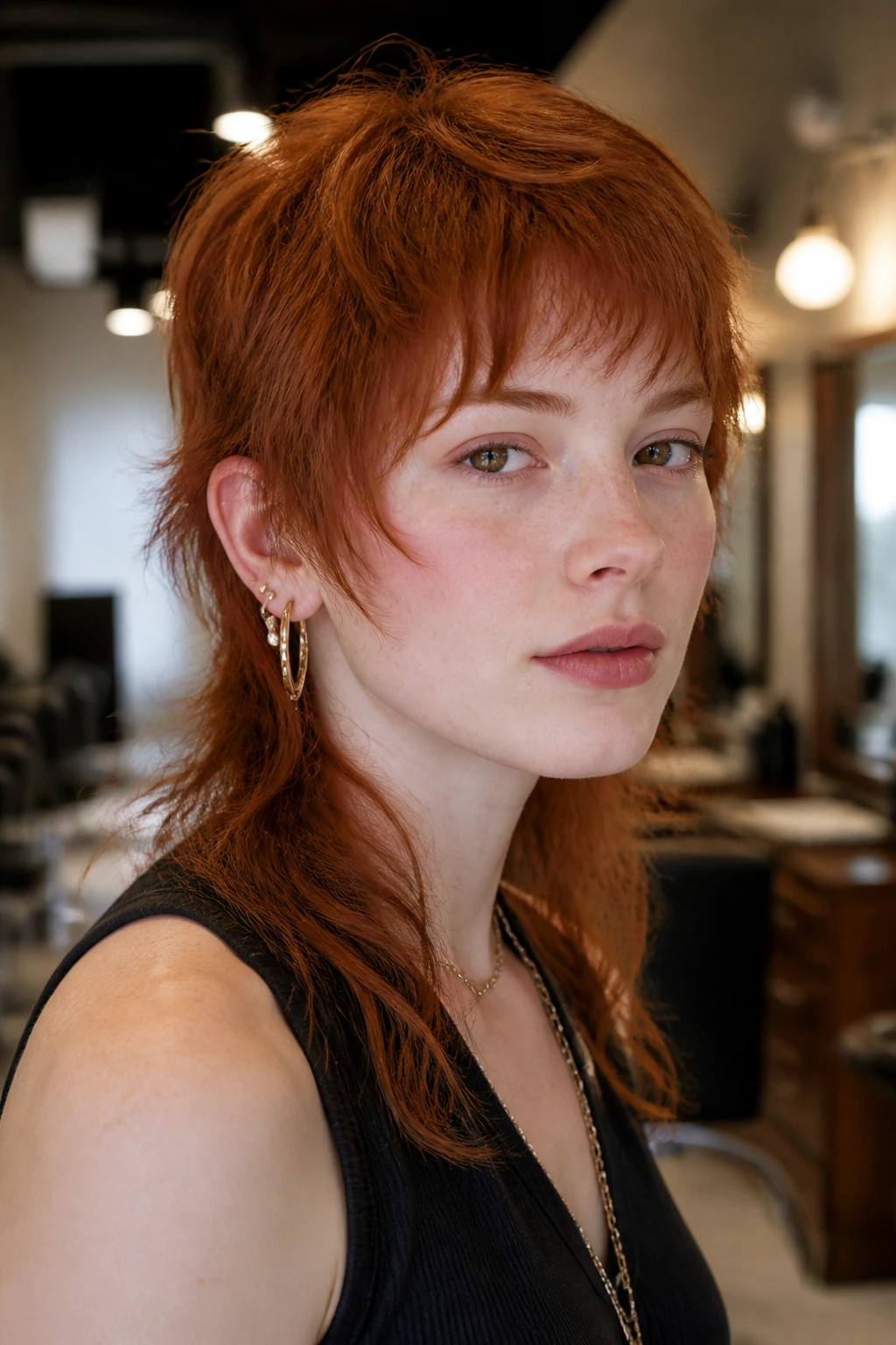 Close-up portrait of a person in a salon showing auburn mullet with fringe and layers.