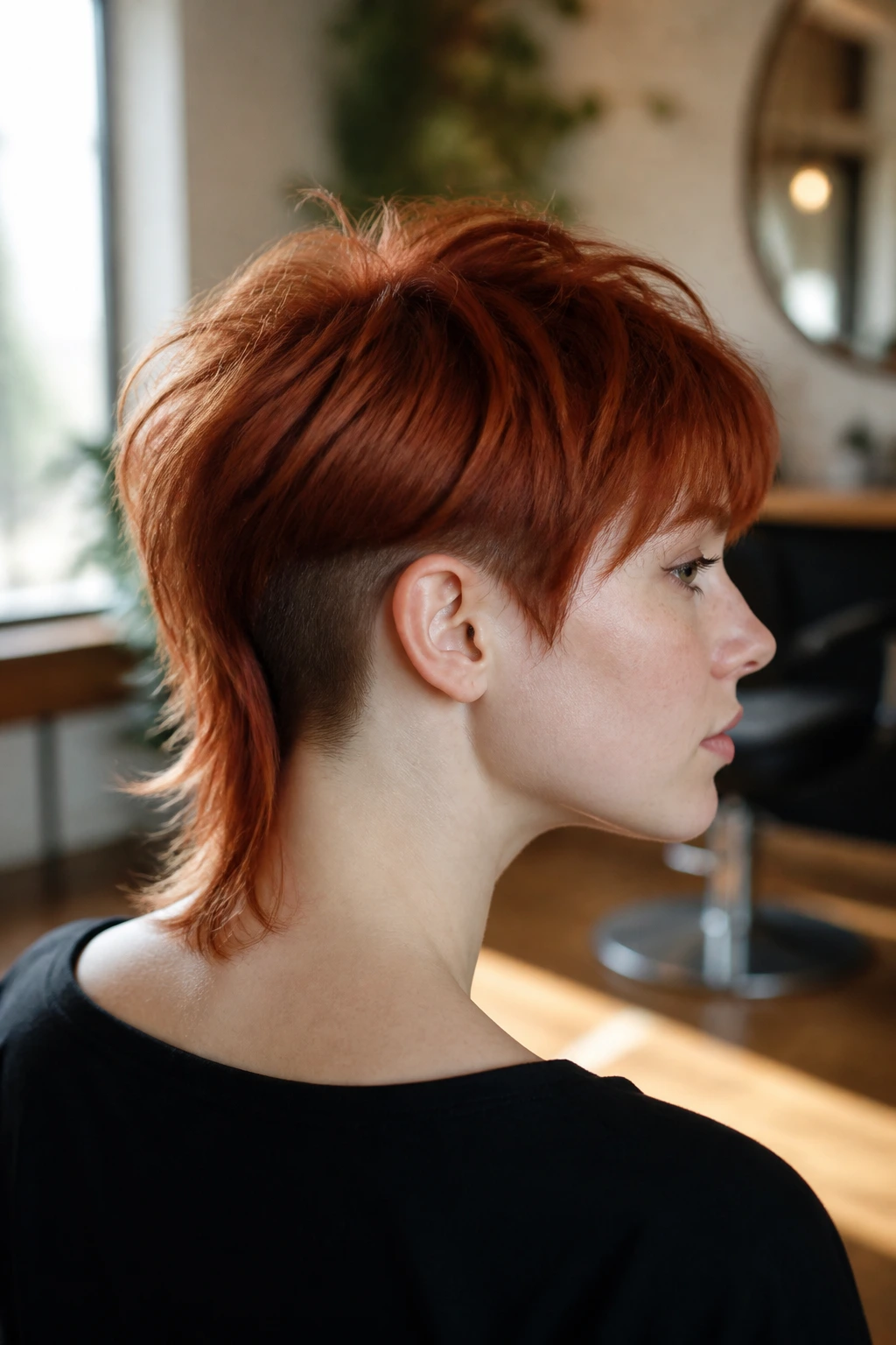 Close-up of a real person with Auburn Mullet with Undercut Nape showing lifted crown and nape undercut