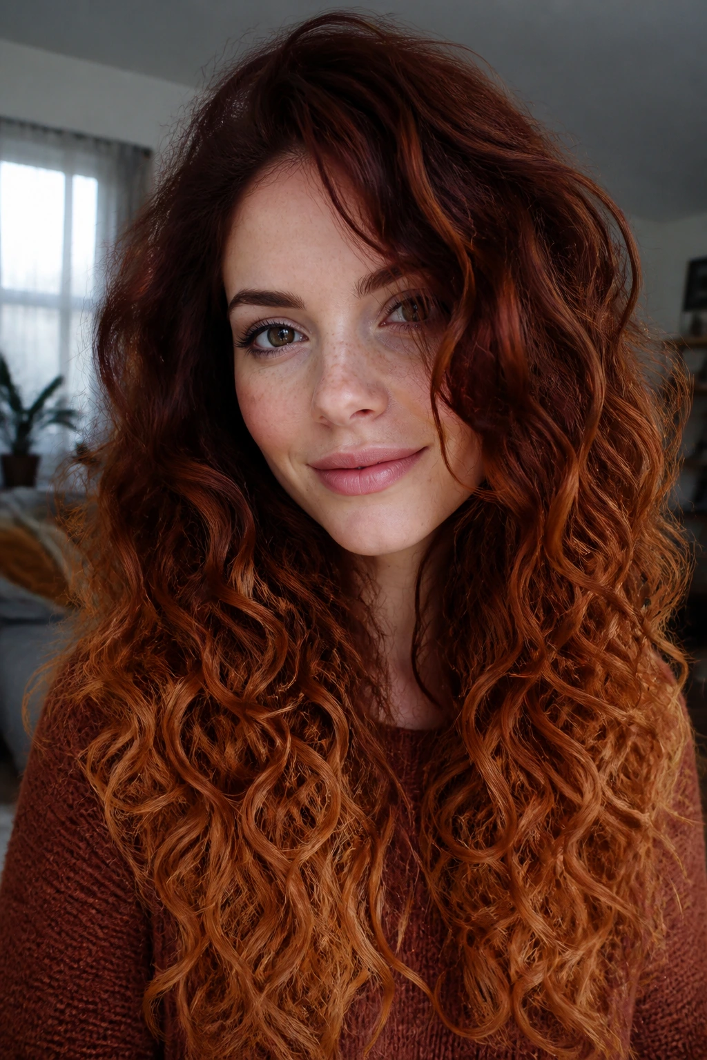 Close-up portrait of a real woman with auburn ombré curls in soft indoor light