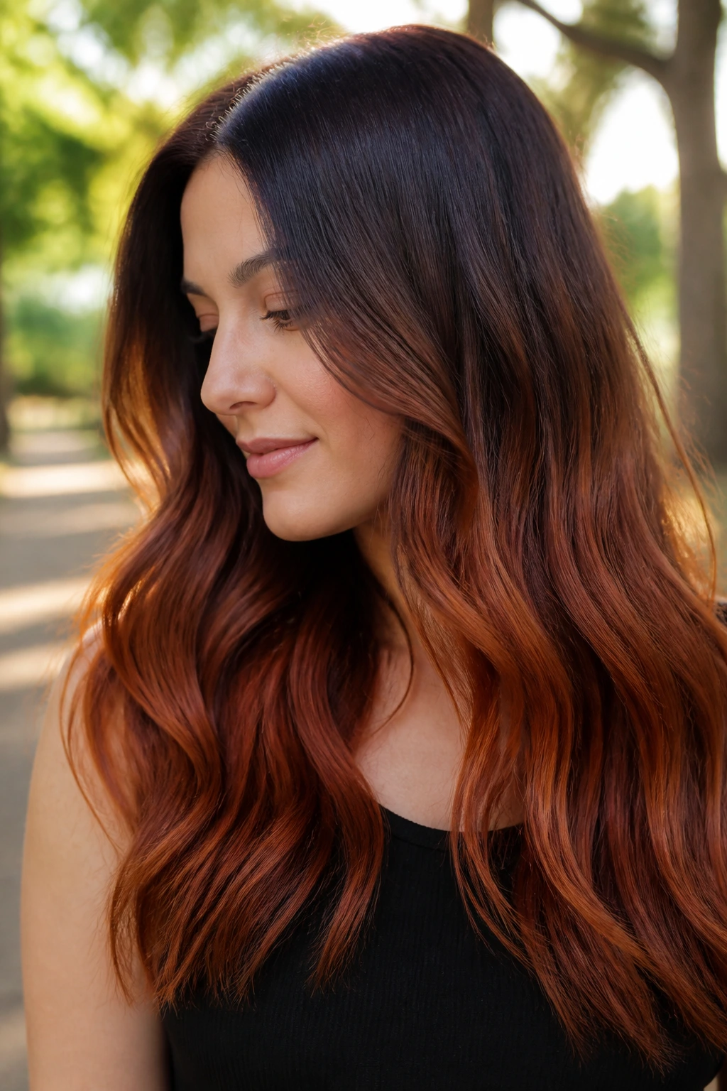 Real woman with auburn ombré fade hairstyle