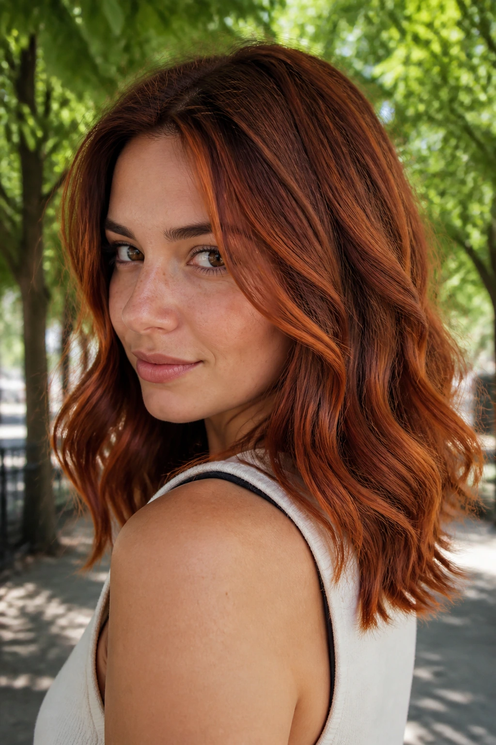 Close-up of a woman with auburn-orange midlights in layered hair