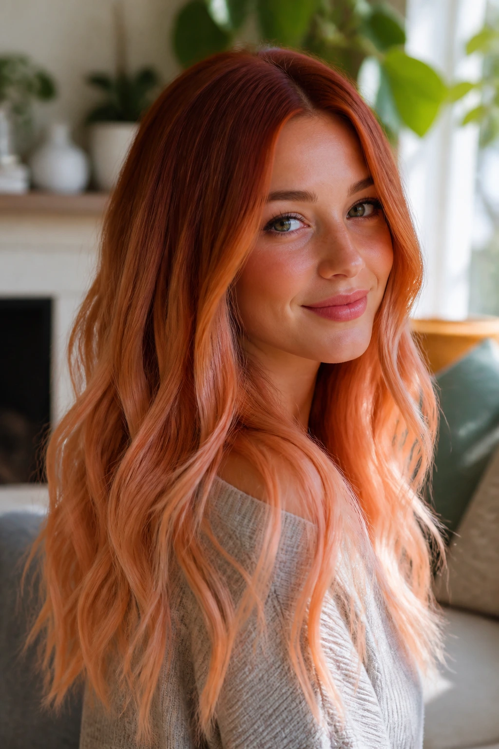 Close-up portrait of a real woman with auburn to peach copper ombre on long hair