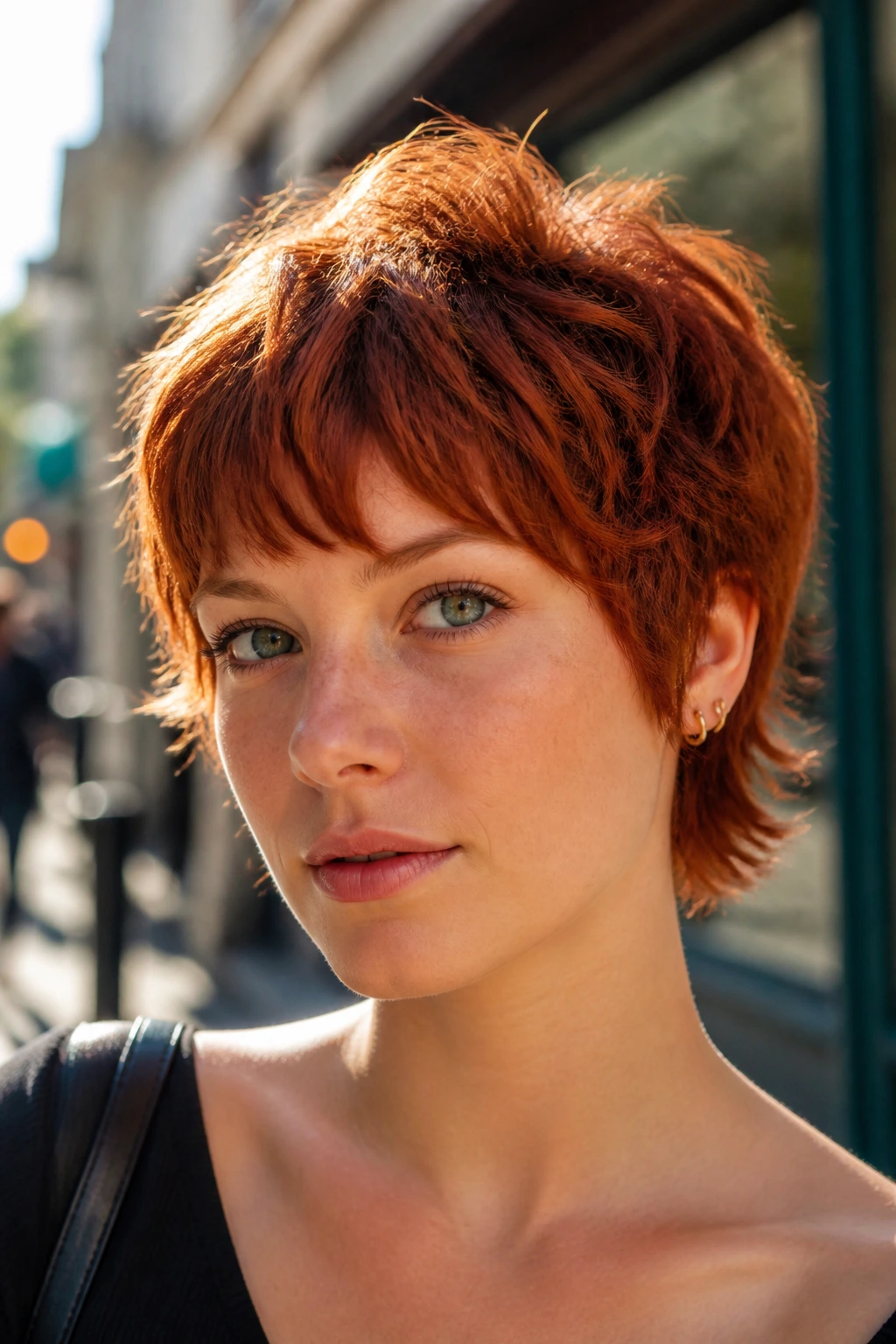 Close-up portrait of a real person with auburn pixie shag and choppy fringe
