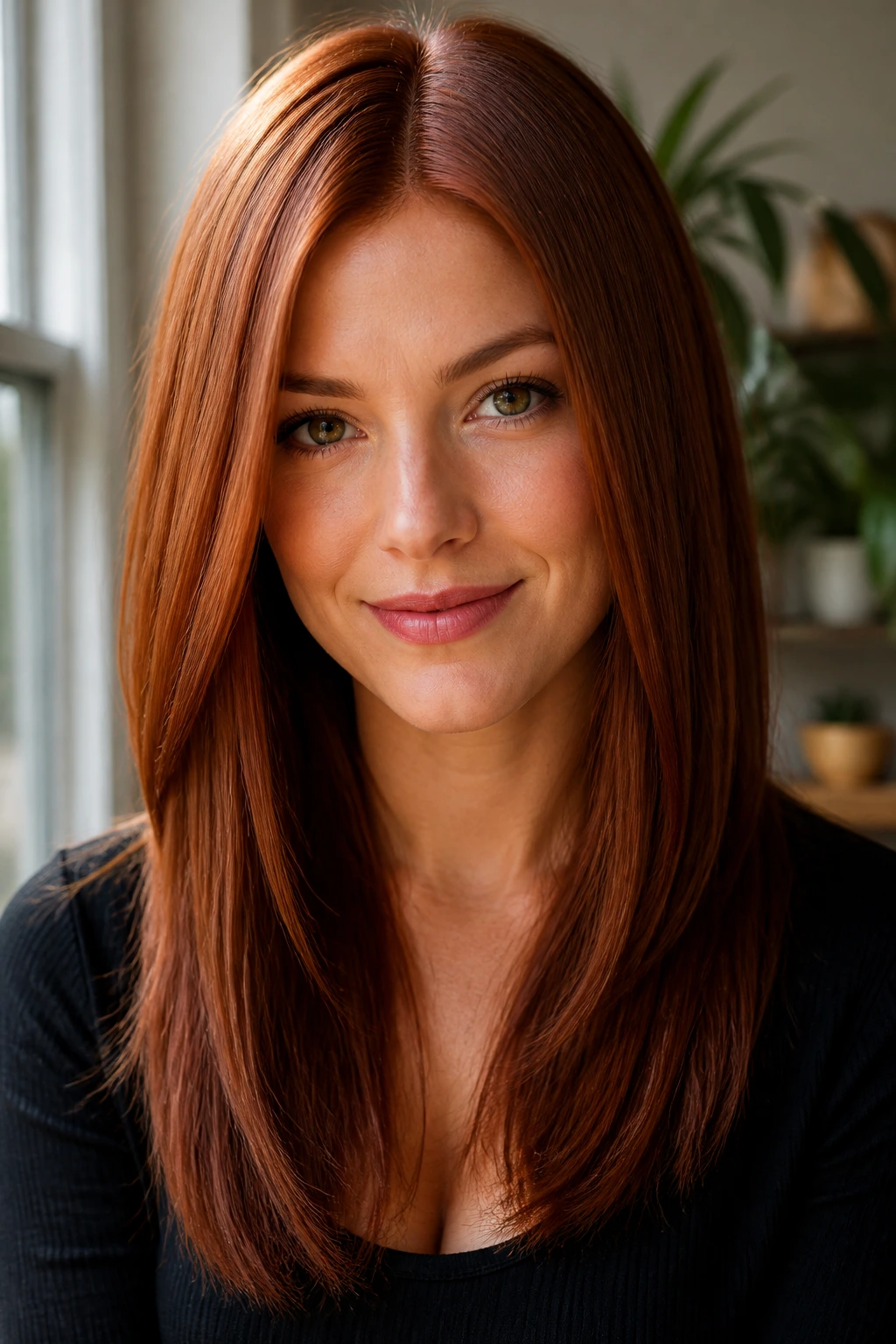 Portrait of a real person with straight hair showing a uniform auburn color reading clearly