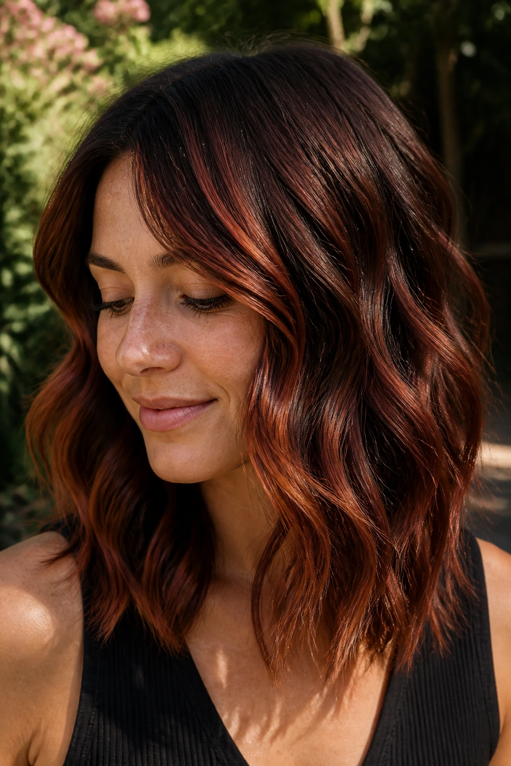 Portrait of woman with auburn ribbon balayage on wavy hair in a garden