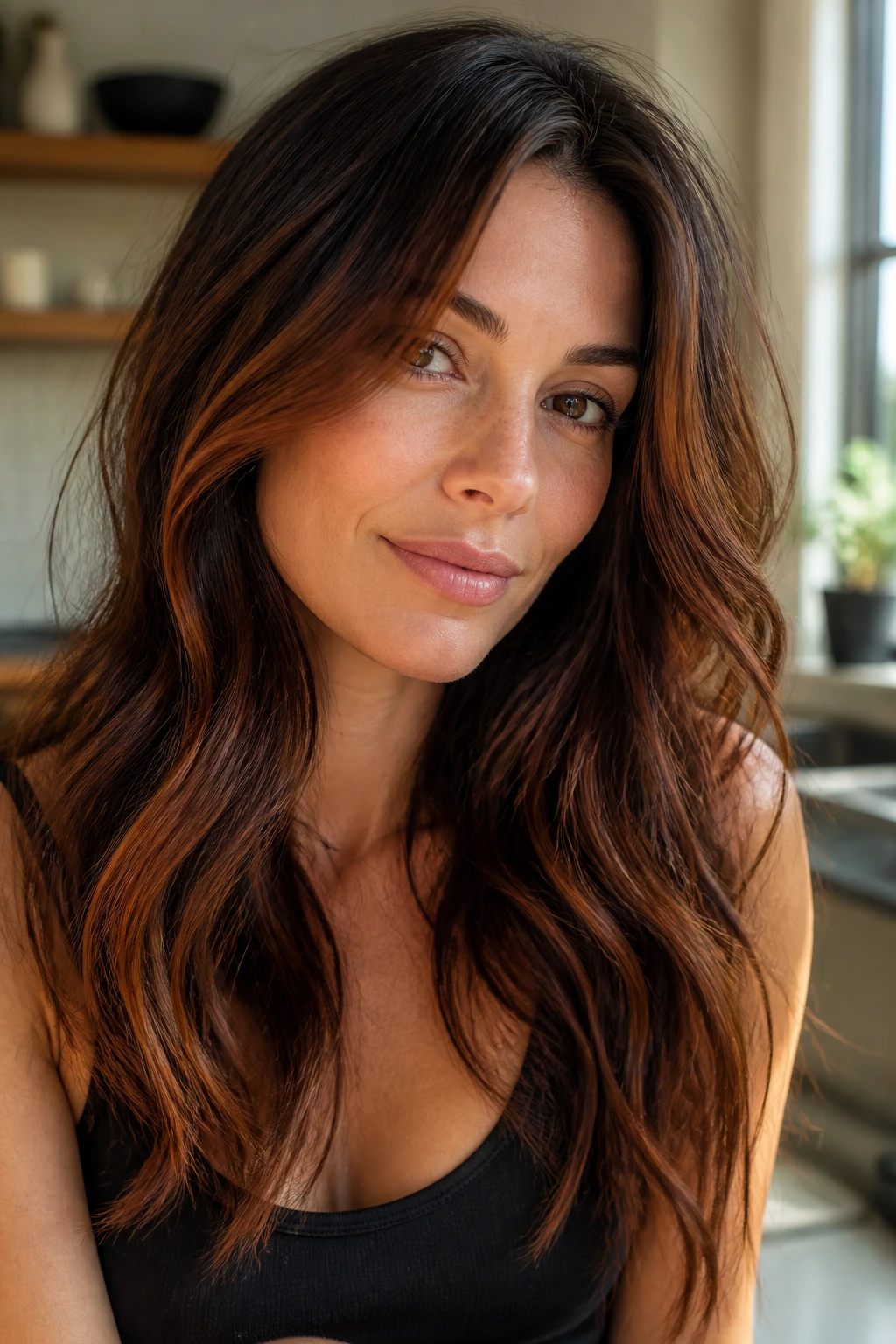 Woman with auburn ribbon highlights woven through brunette hair