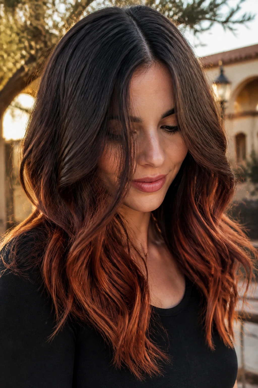 Real person with auburn ribbon ombre in soft waves