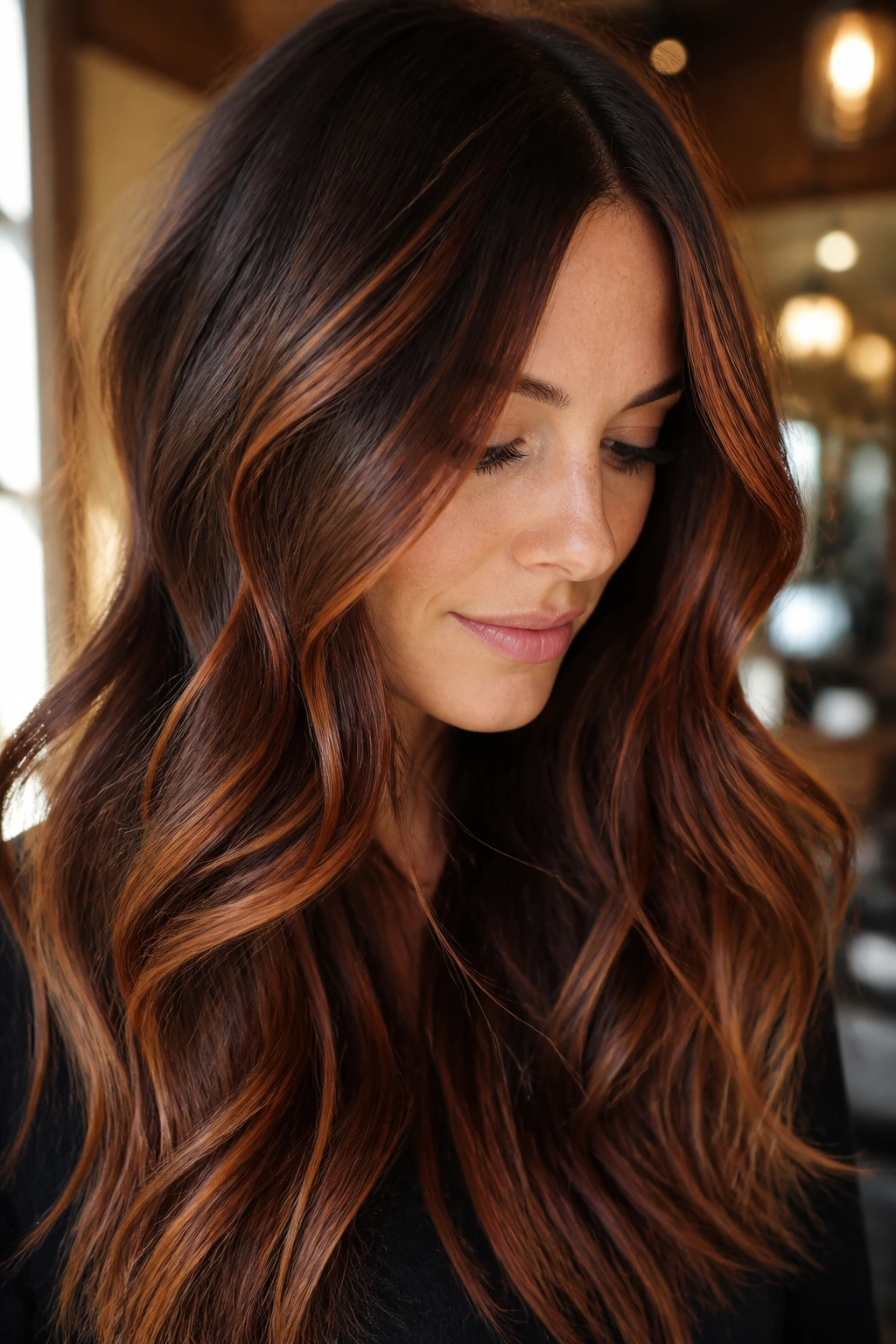 Close-up of brunette hair with auburn ribbons woven through long waves