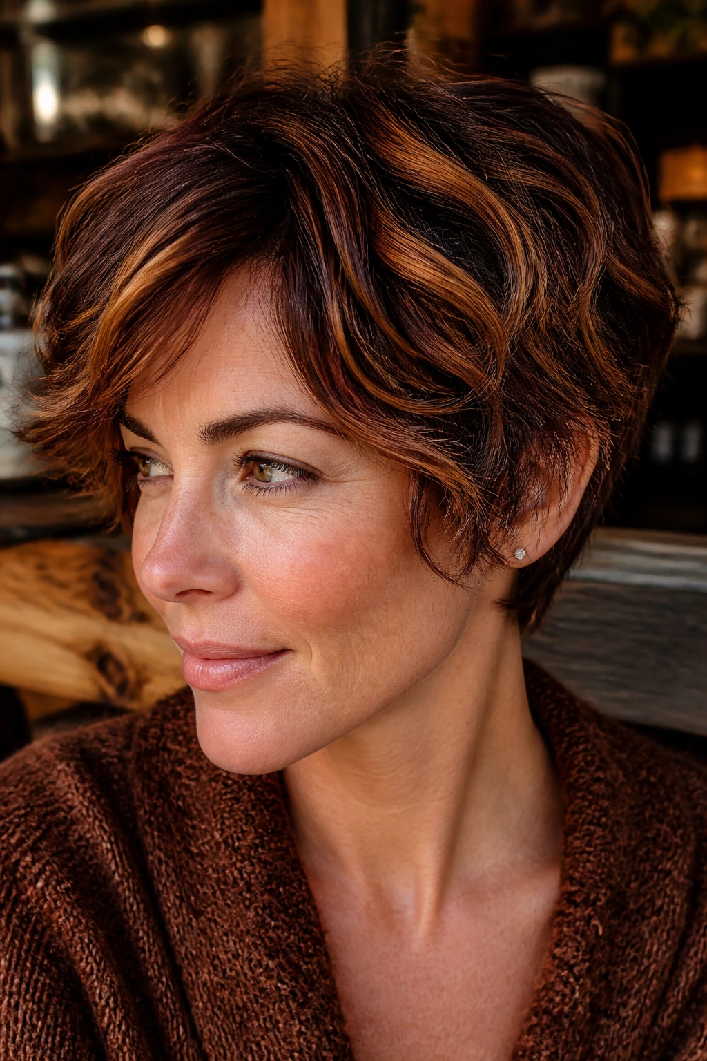 Portrait of a woman with a wavy pixie bob and auburn ribbons around temples