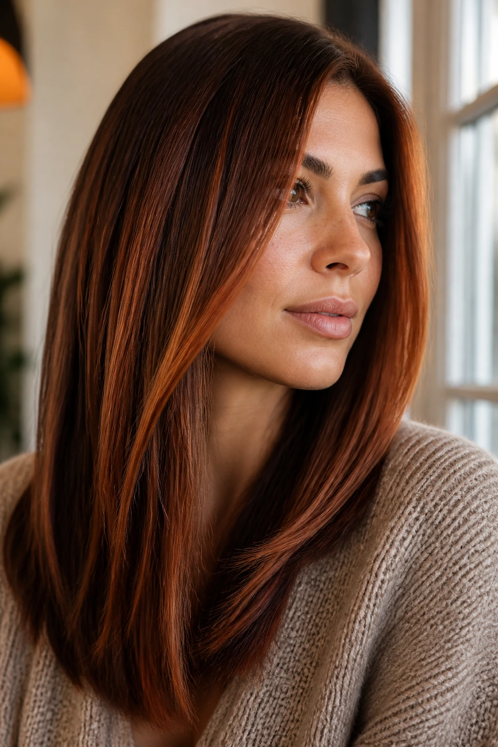 Close-up of straight hair with soft auburn ribbons on a real person