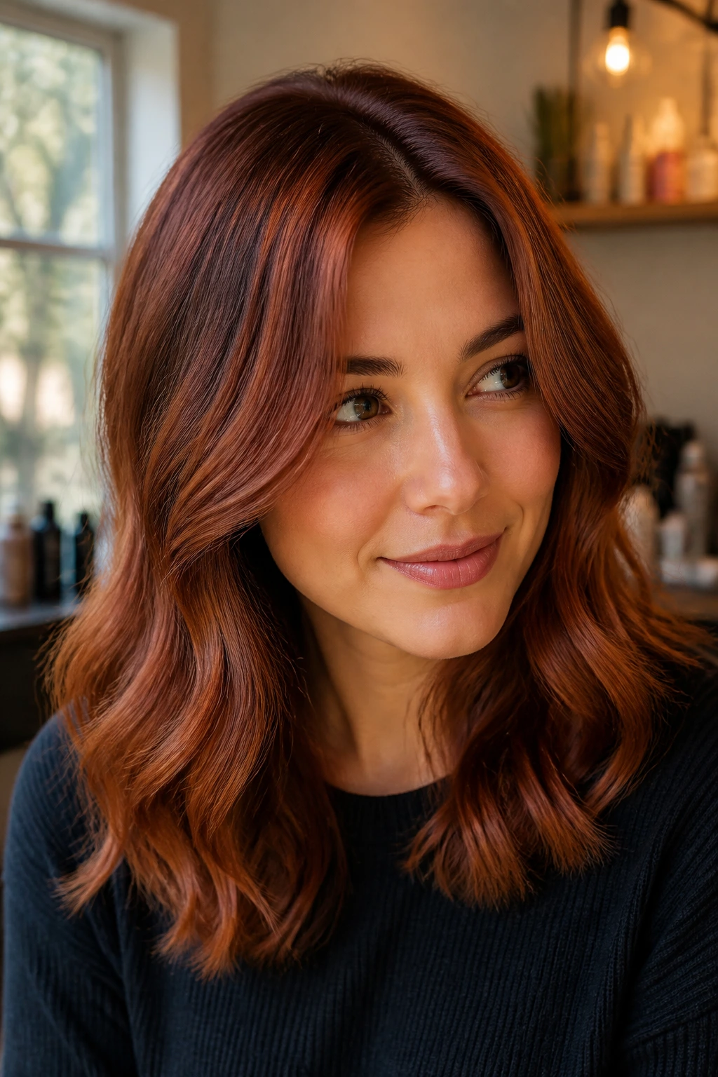 Close-up portrait of a real person with medium-length auburn hair and blended roots in warm window light