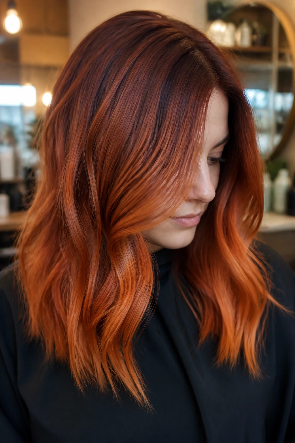 Close-up of a real person with auburn shadow root and copper ends
