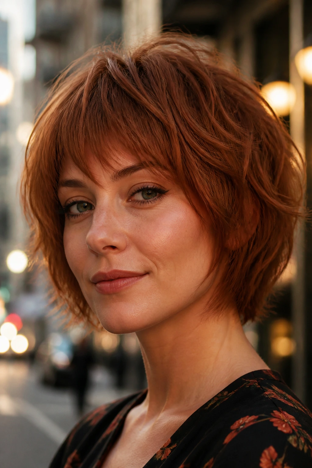 Portrait of real woman with rounded auburn shag bob