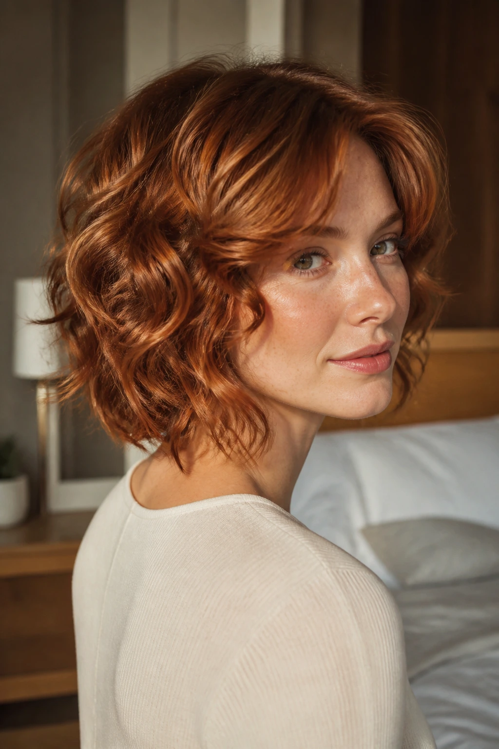 Close-up of a real woman with glossy auburn shag and S-shaped waves