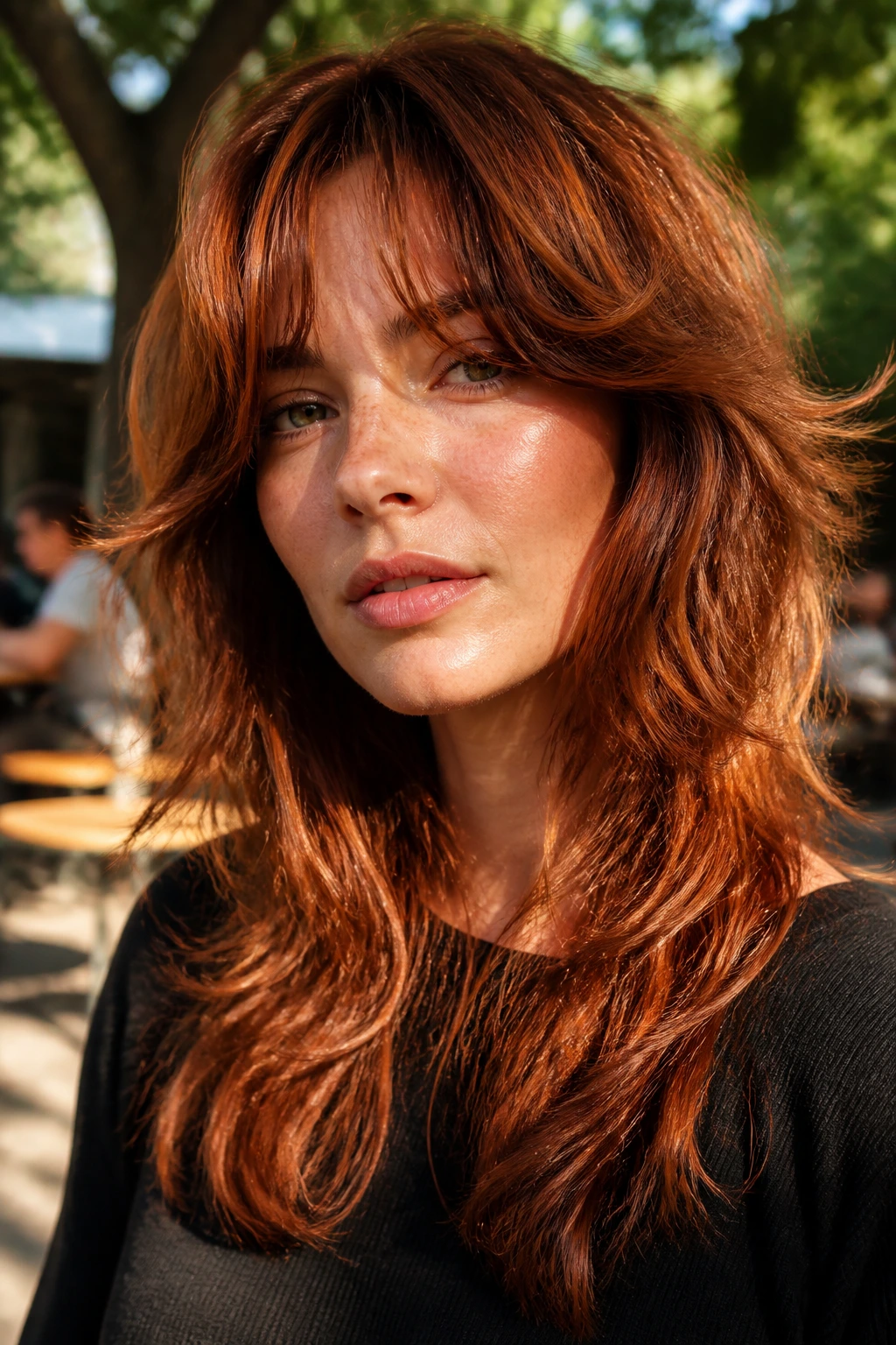 Real person with auburn shag on wavy hair.