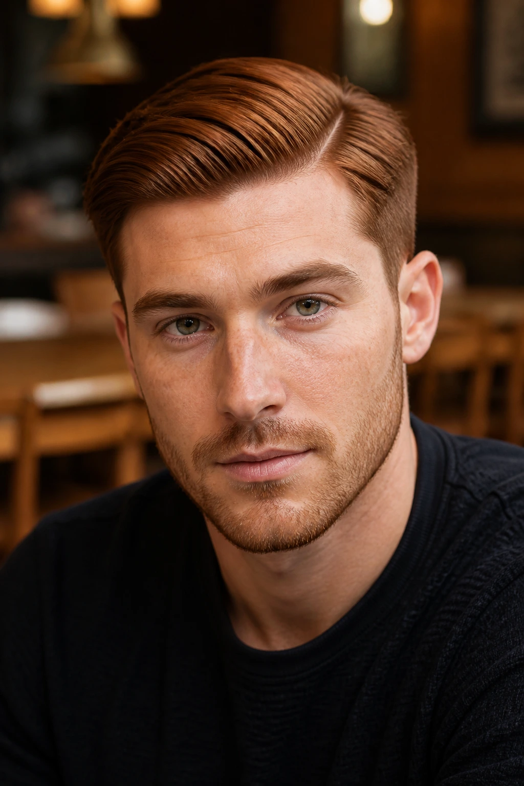 Real man with auburn side part in a warm cafe setting