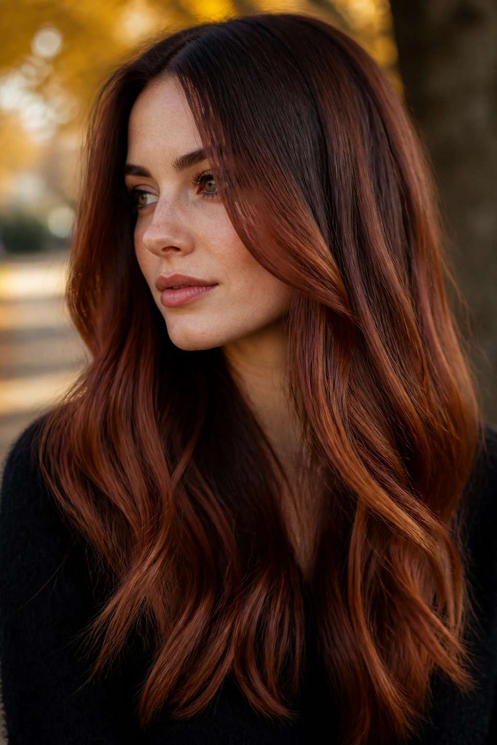 Real person with Auburn Smoke Balayage showing smoky auburn ribbons
