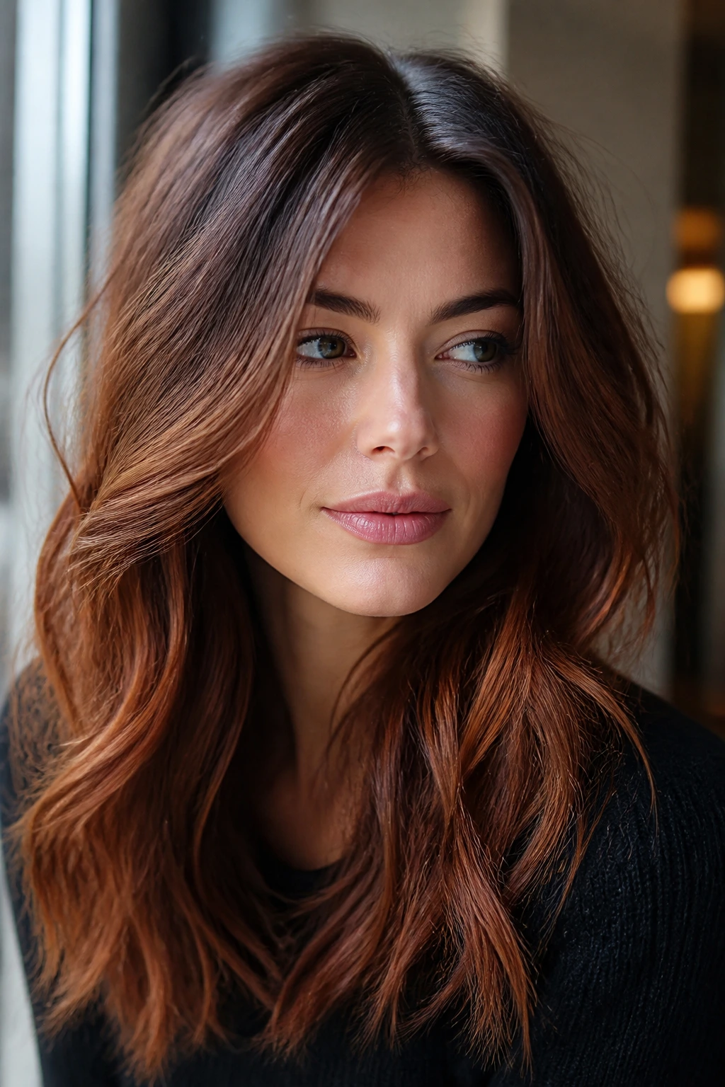 Brunette hair with auburn smudge warm tones in winter light