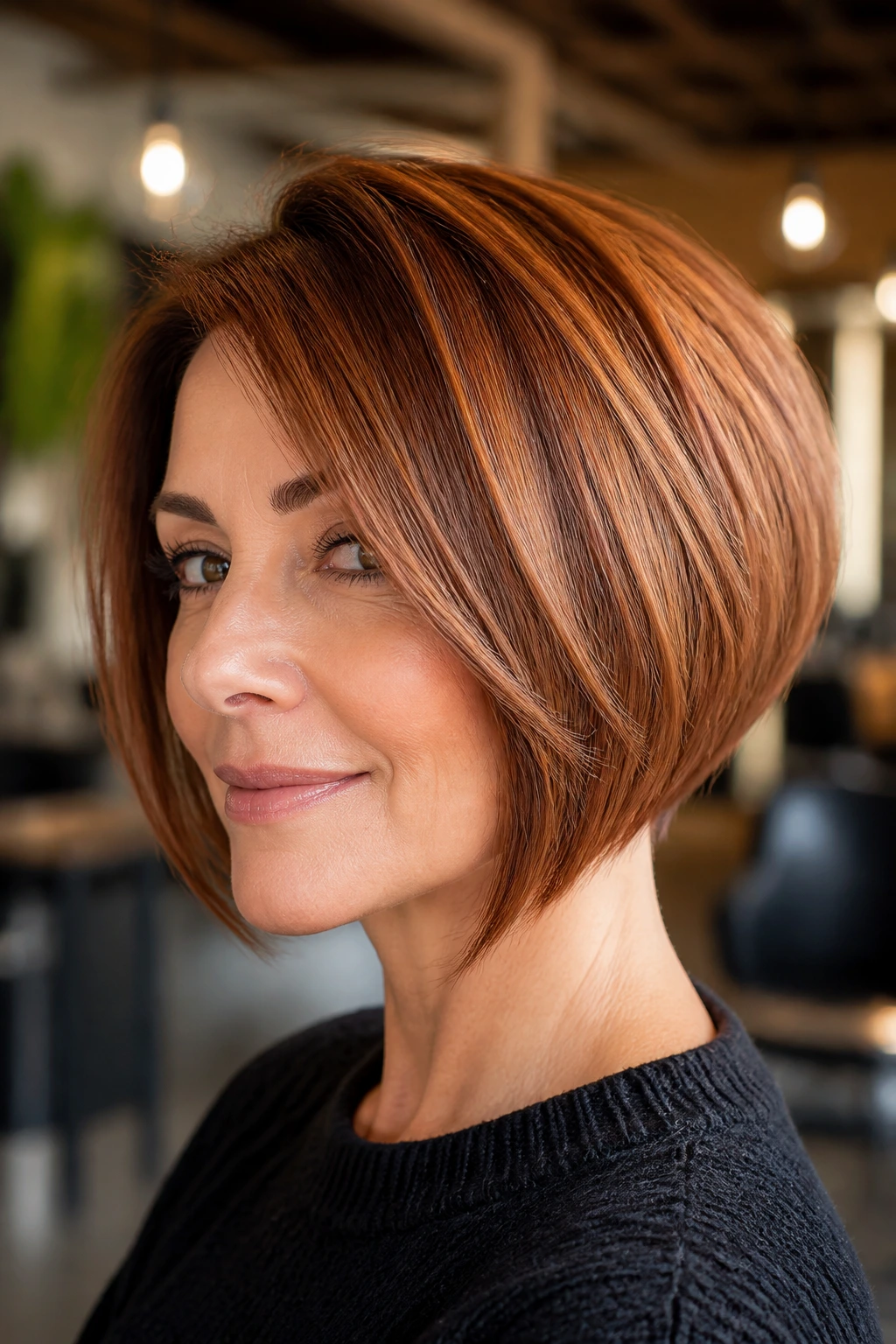 Close-up portrait of a real woman with an auburn stacked bob in warm salon lighting