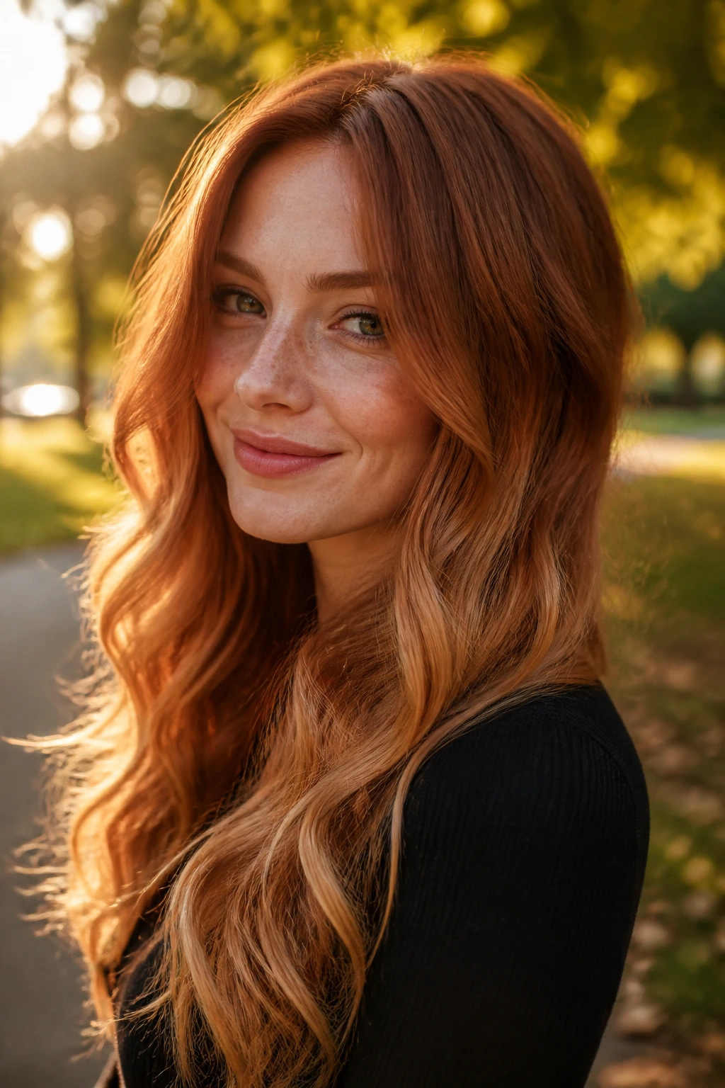 Close-up of long curly hair from auburn to strawberry blonde in golden-hour setting.