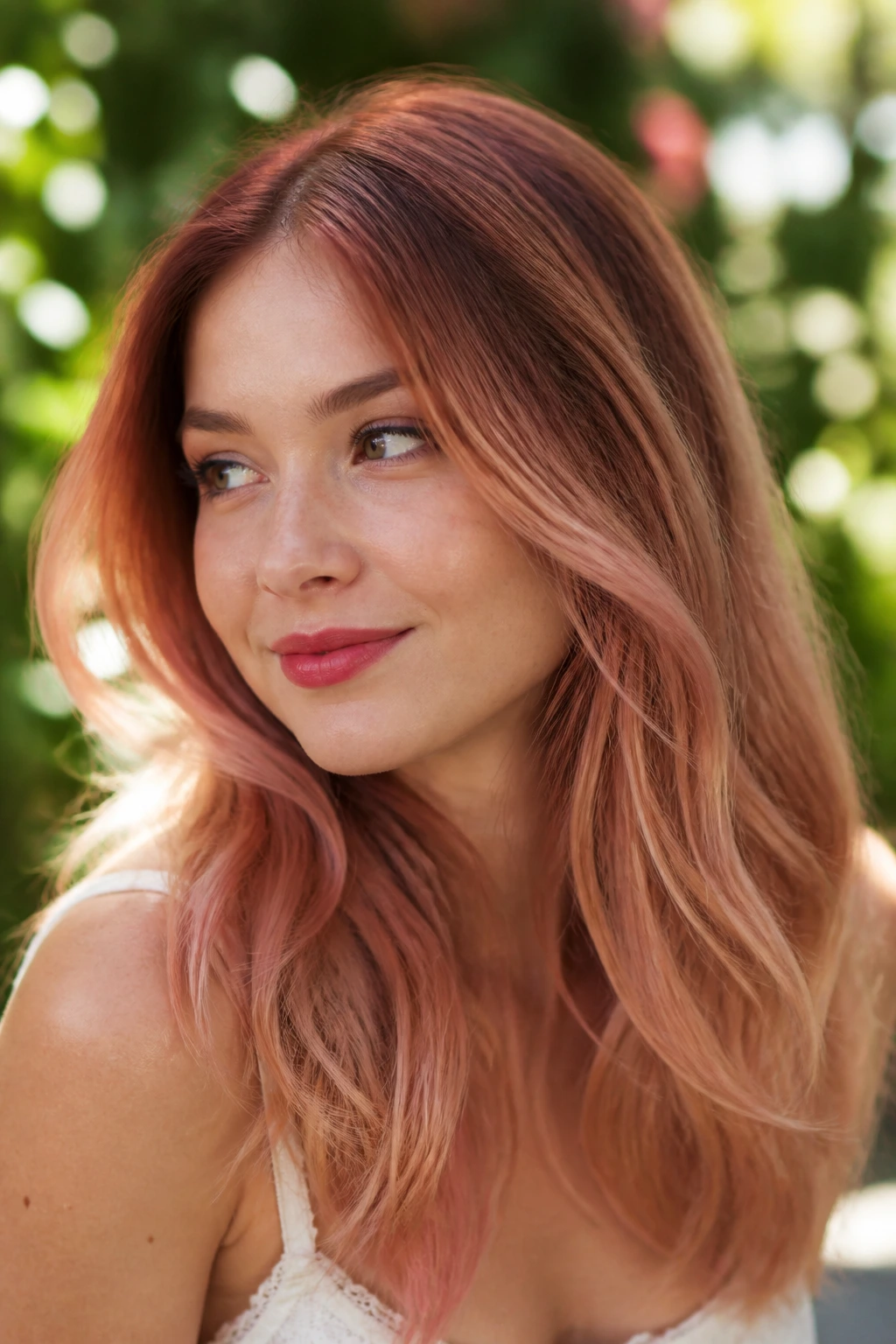 Hair gradient from auburn to strawberry blonde on a real person