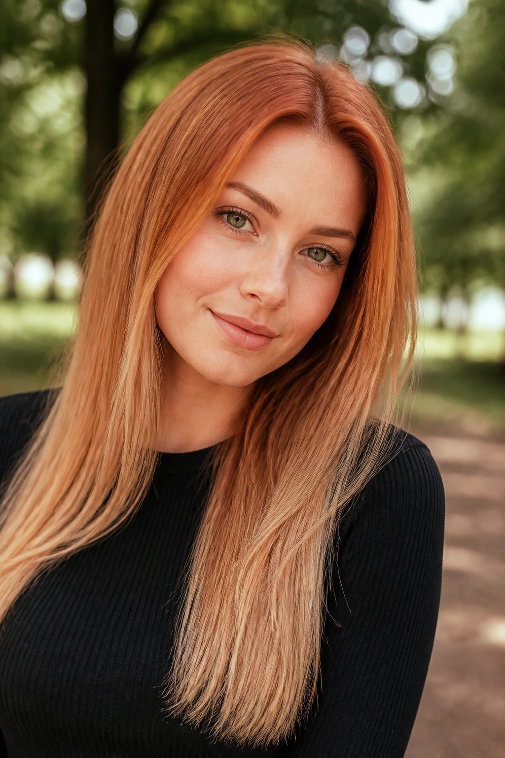 Close-up of real person with auburn to strawberry blonde ombre on straight hair