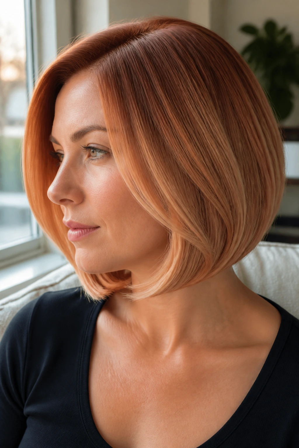 Portrait of a rounded bob with auburn to strawberry blonde ombre