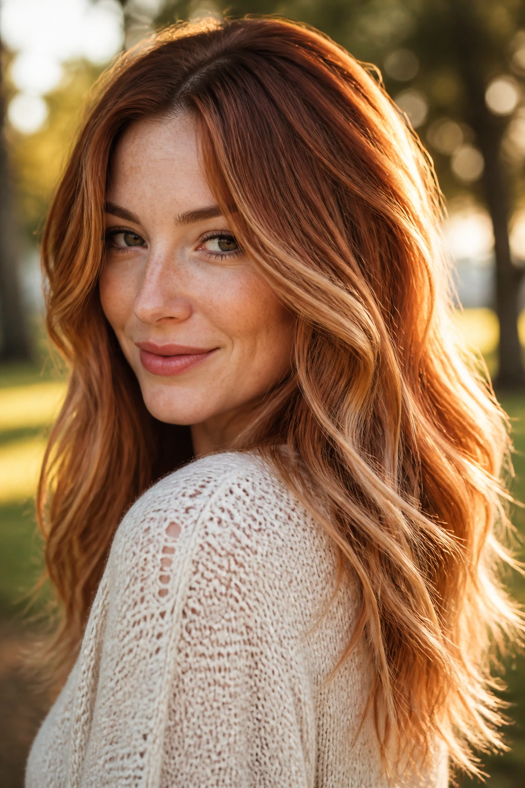 Close-up of hair with auburn roots melting into strawberry mids in warm golden hour light