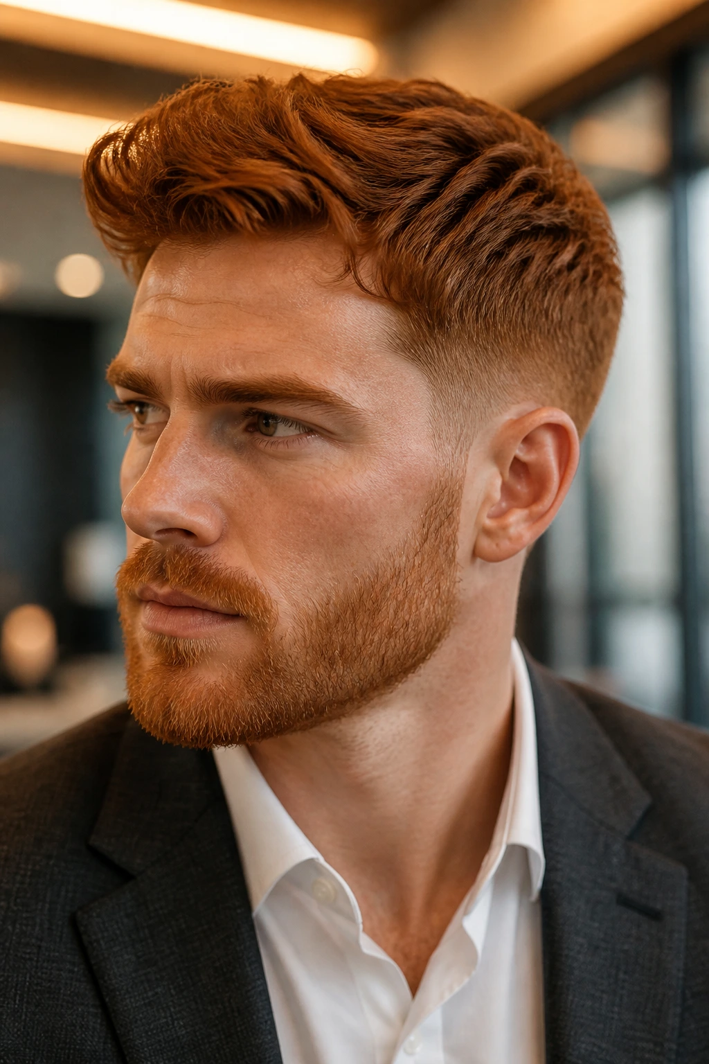 Portrait of man with auburn taper fade in warm lighting