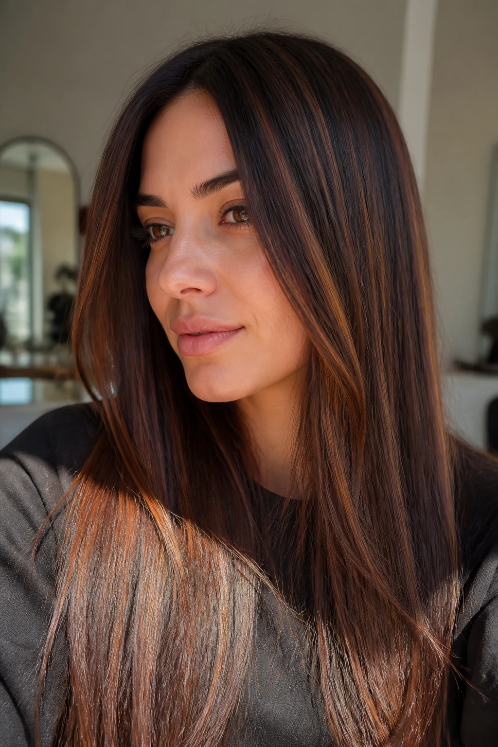 Close-up of straight brunette hair with auburn threading illuminated by daylight
