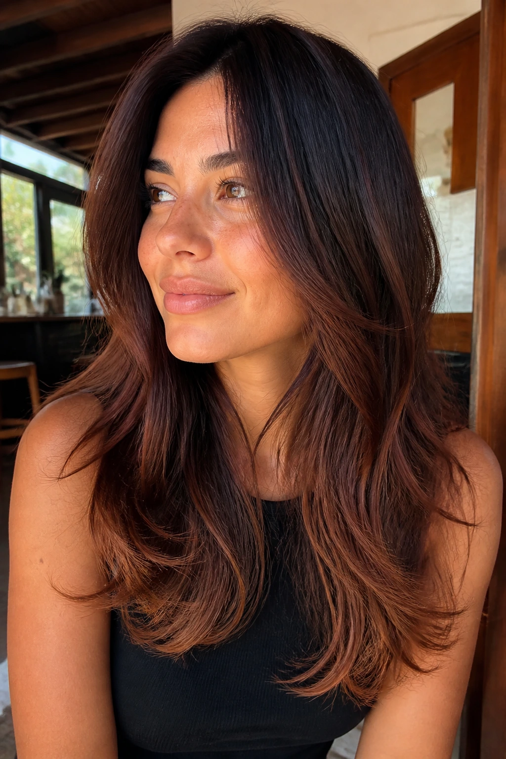Real woman with auburn-tipped airy layers in warm sunlit interior