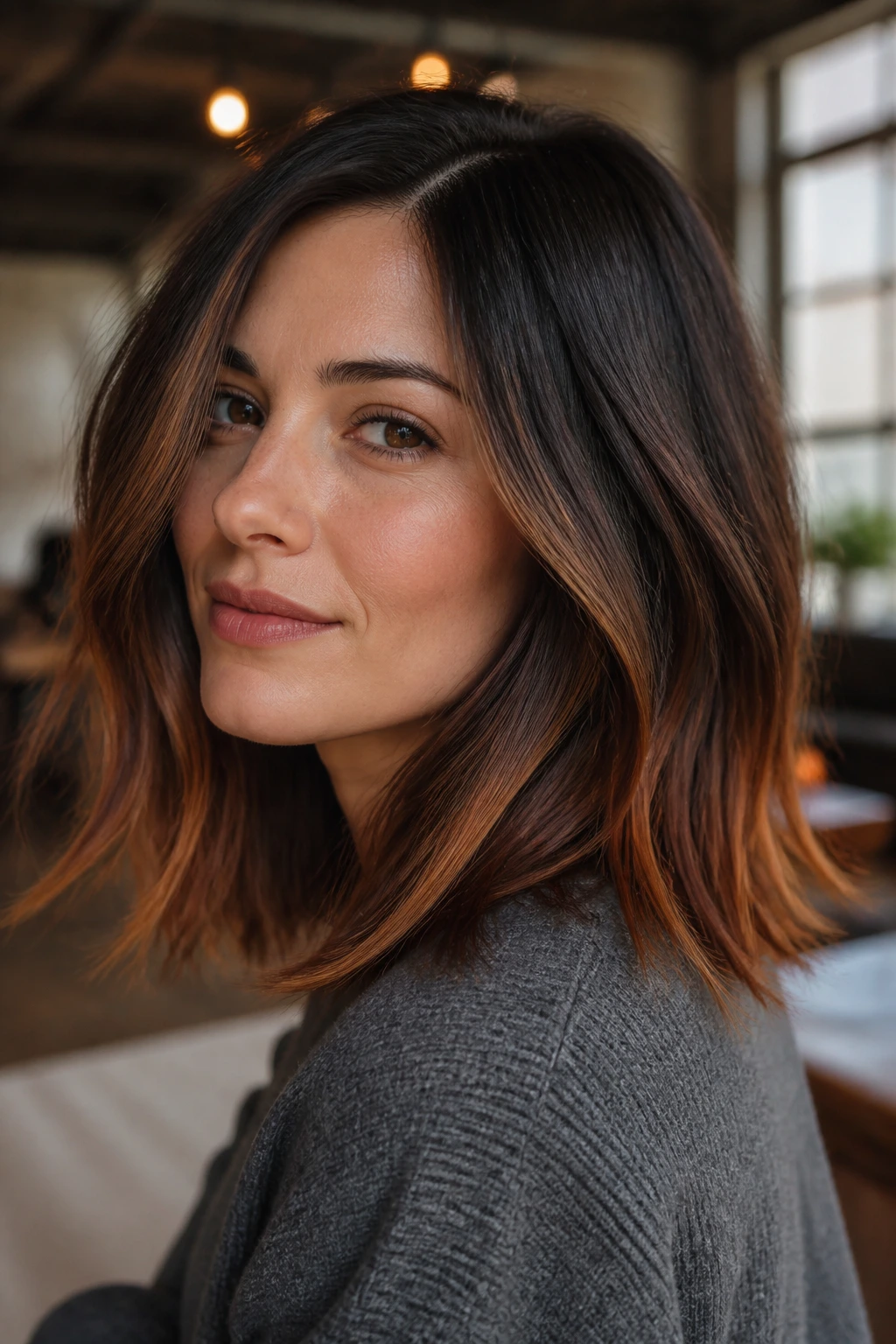 Close-up of a woman with auburn-tipped lob and long layers