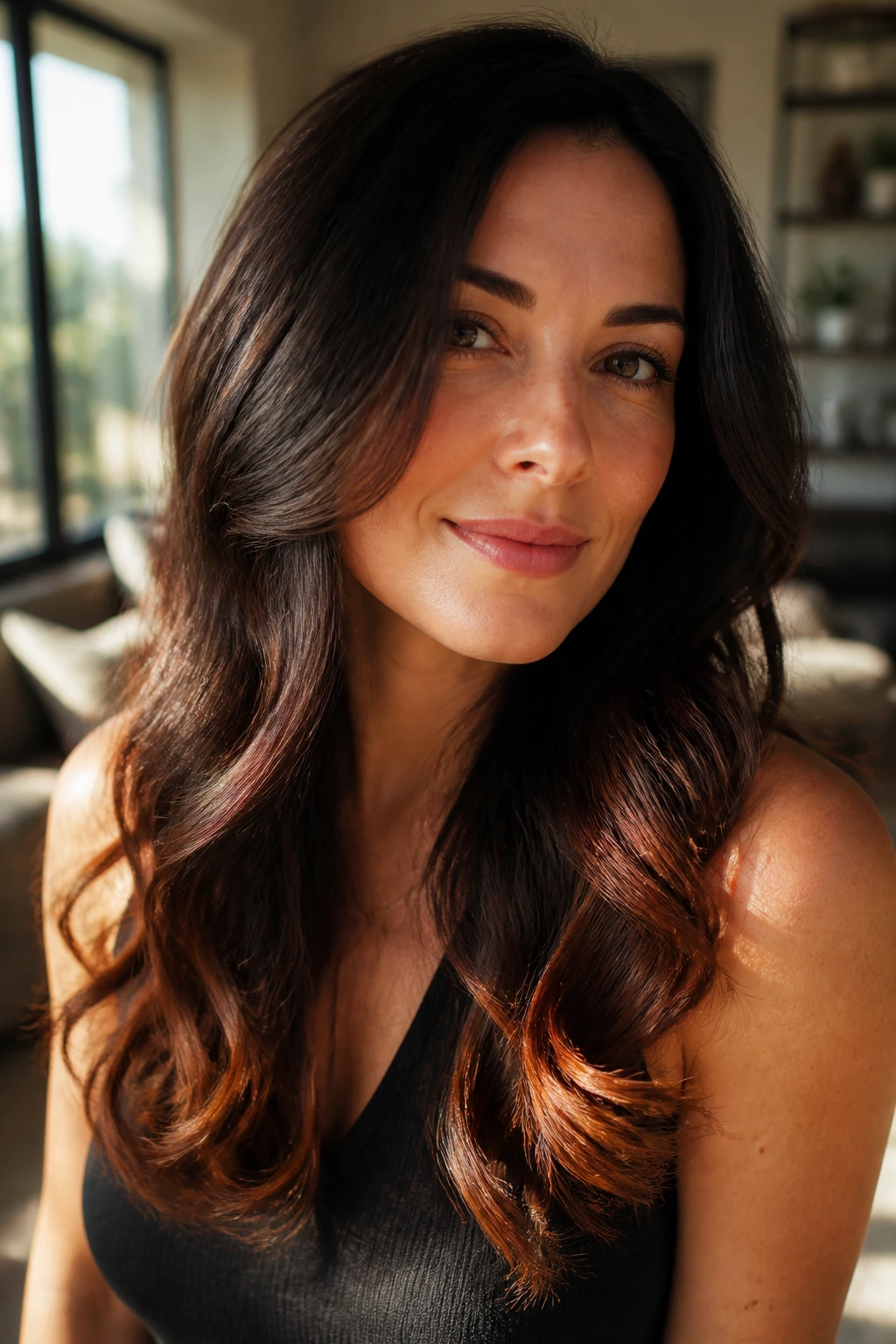 Deep brunette hair with auburn tips catching light