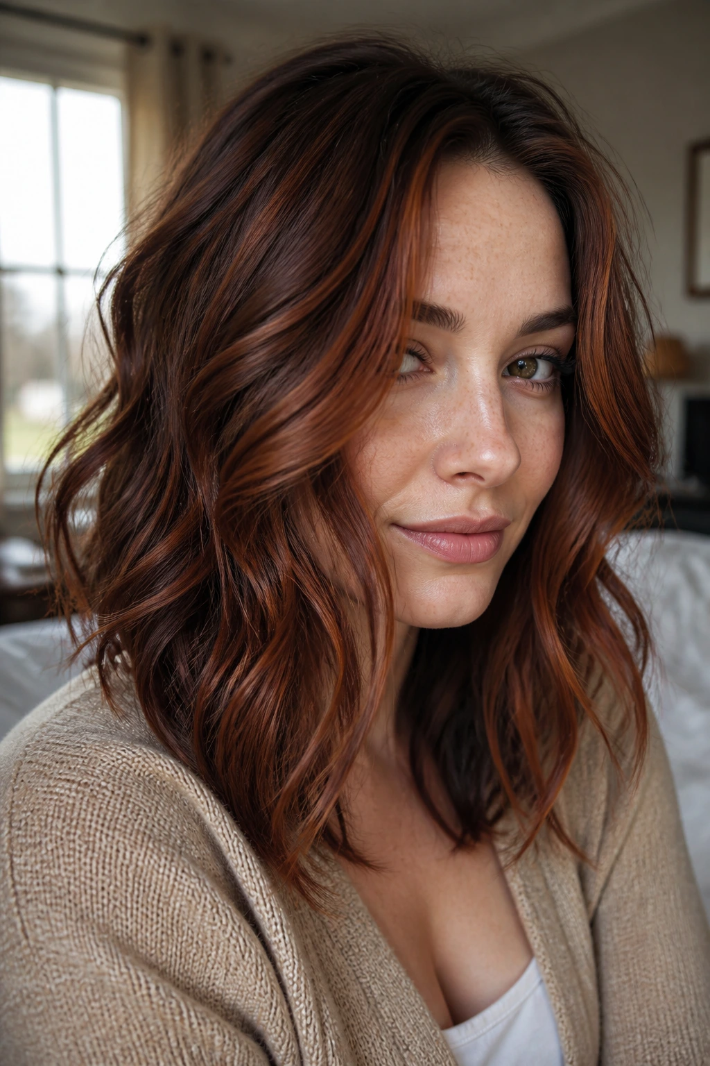 Real person with auburn veil highlights in medium-length wavy hair