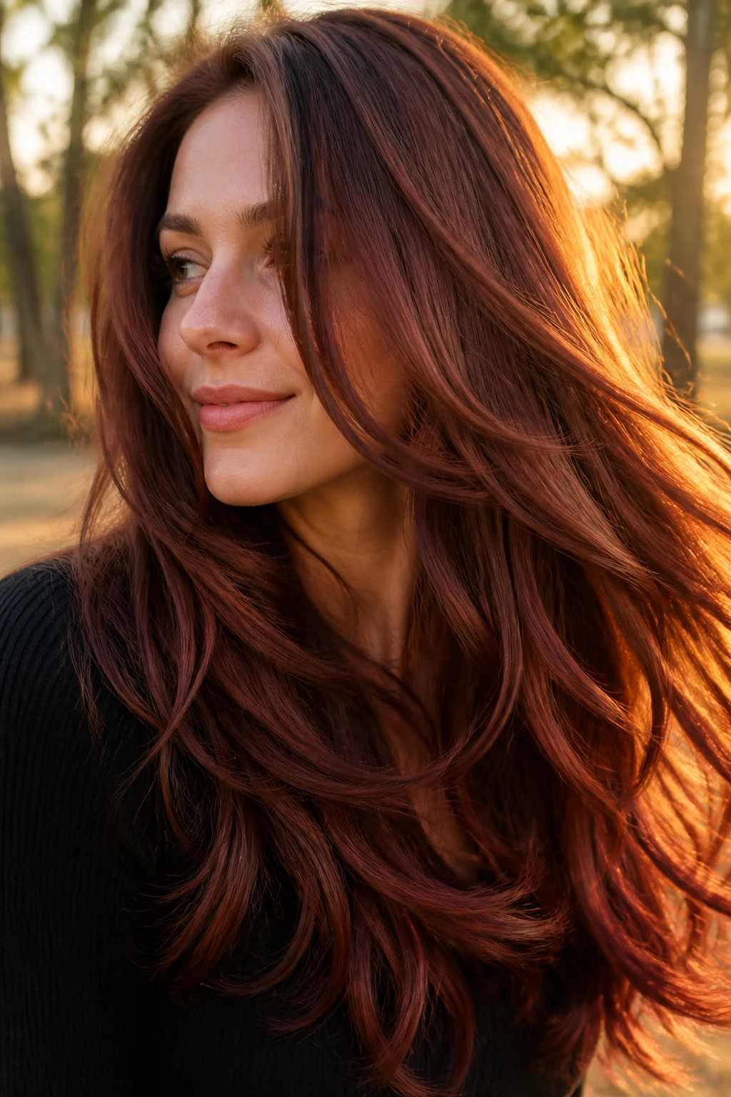 Close-up of a real woman with Auburn Velvet Ends hair in golden-hour park light
