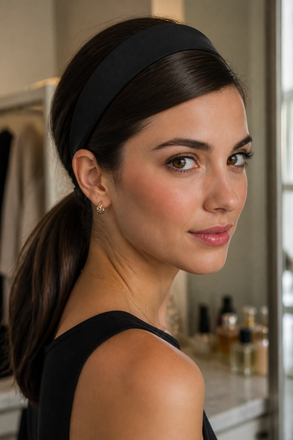 Audrey Headband Pony close-up portrait with a low sleek ponytail and structured headband