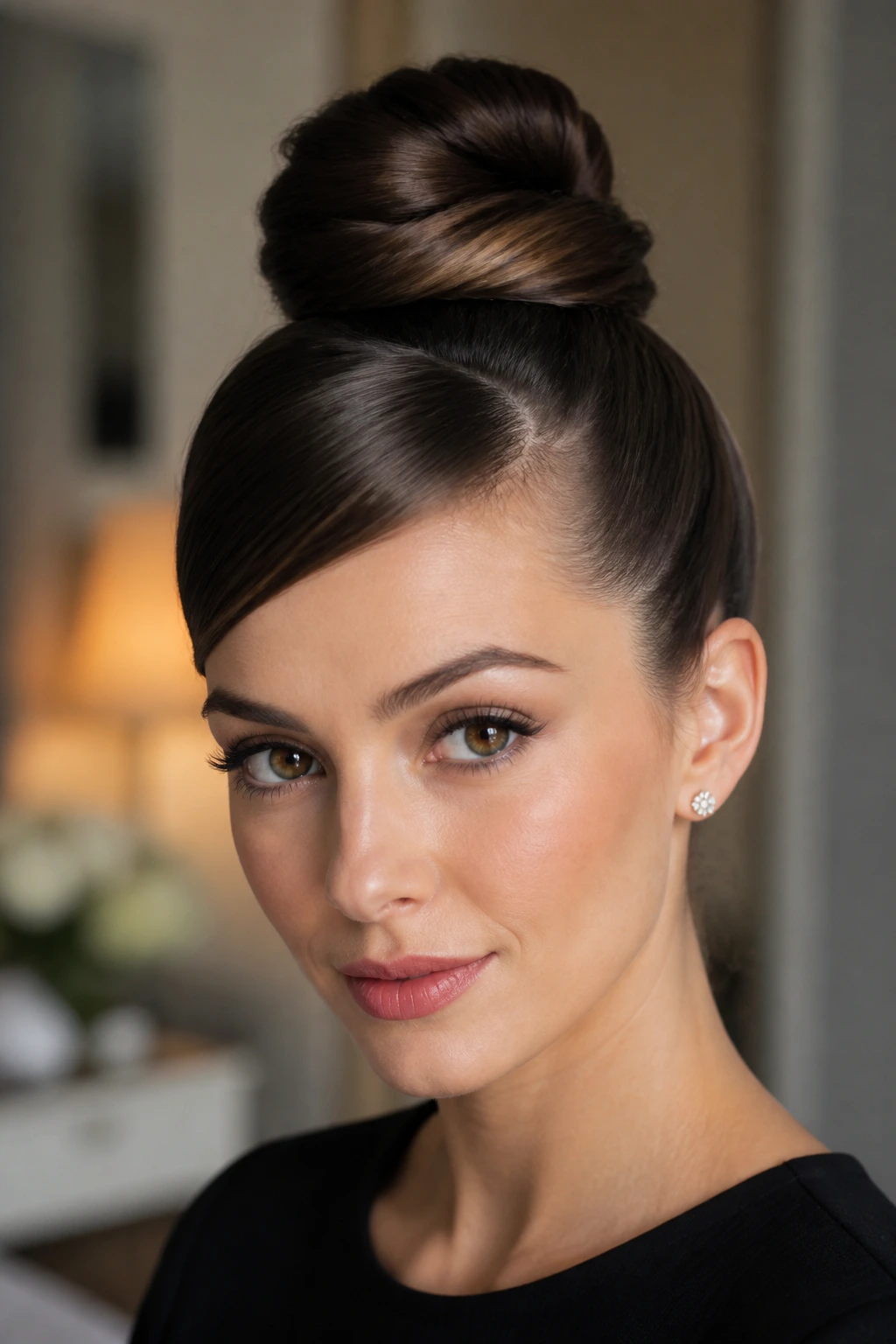 Real woman with an Audrey-inspired high top knot