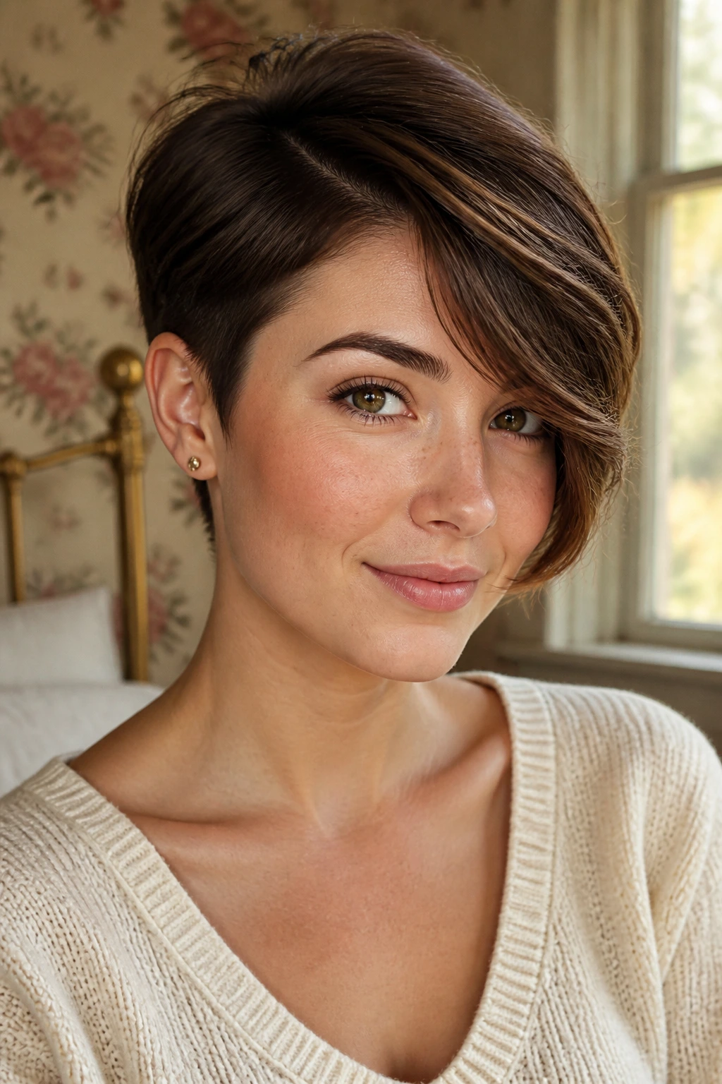 Portrait of a woman with Audrey Side-Sweep Pixie showing deep side part and long front sweep.