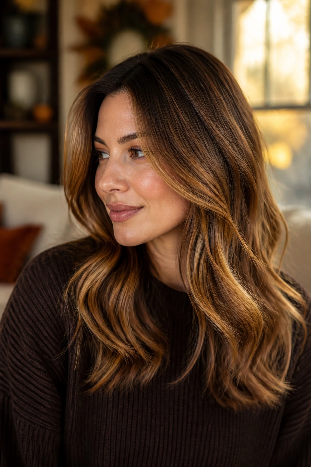 Autumn gold balayage on medium brunette with warm amber highlights