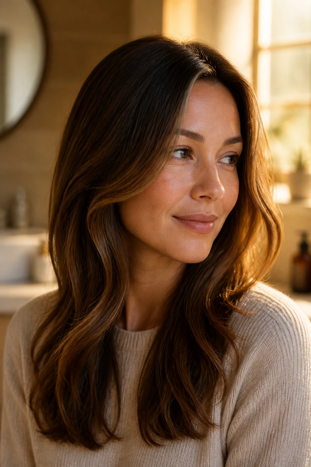 Portrait of woman with autumn-ready hair, warm lighting