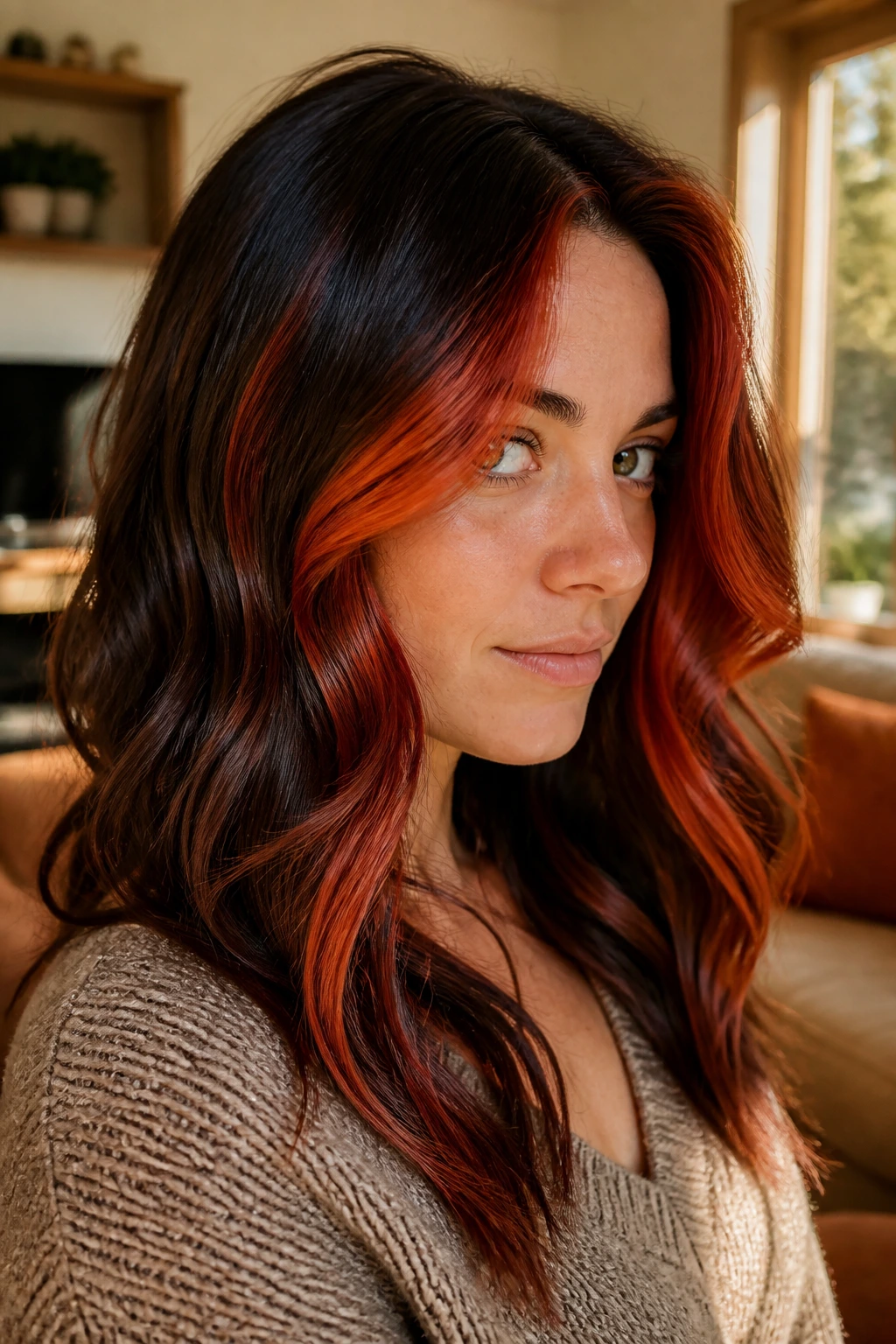 Close-up of a real person with Autumn Flame Highlights in front and top layers