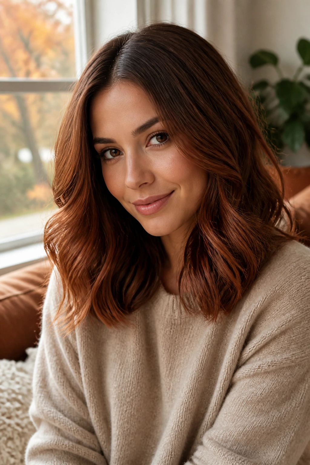 Close-up portrait of a real woman with Autumn Maple Brunette hair in loose waves and maple tones